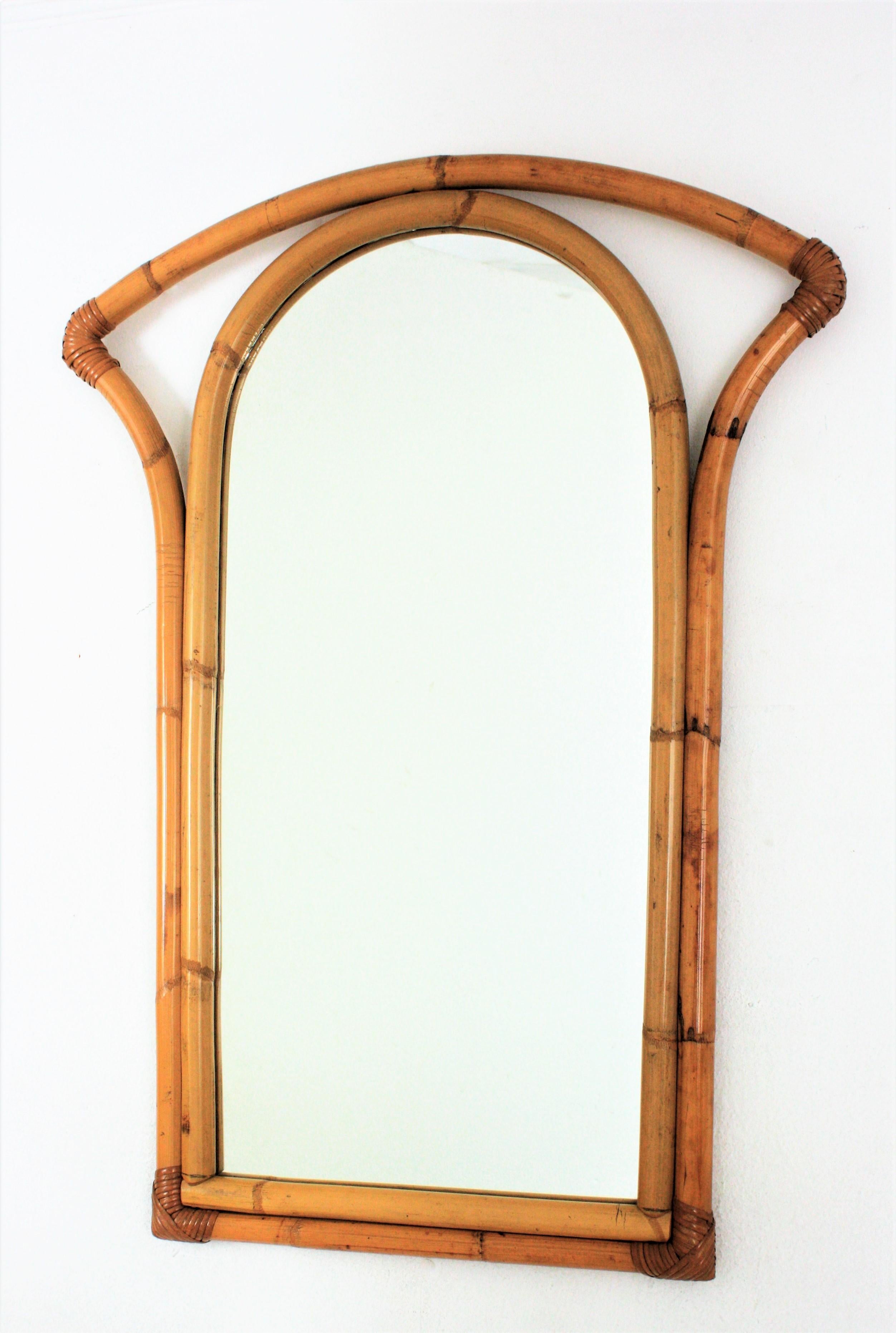 20th Century Spanish 1960s Bamboo Rattan Rectangular Mirror with Arched Top For Sale