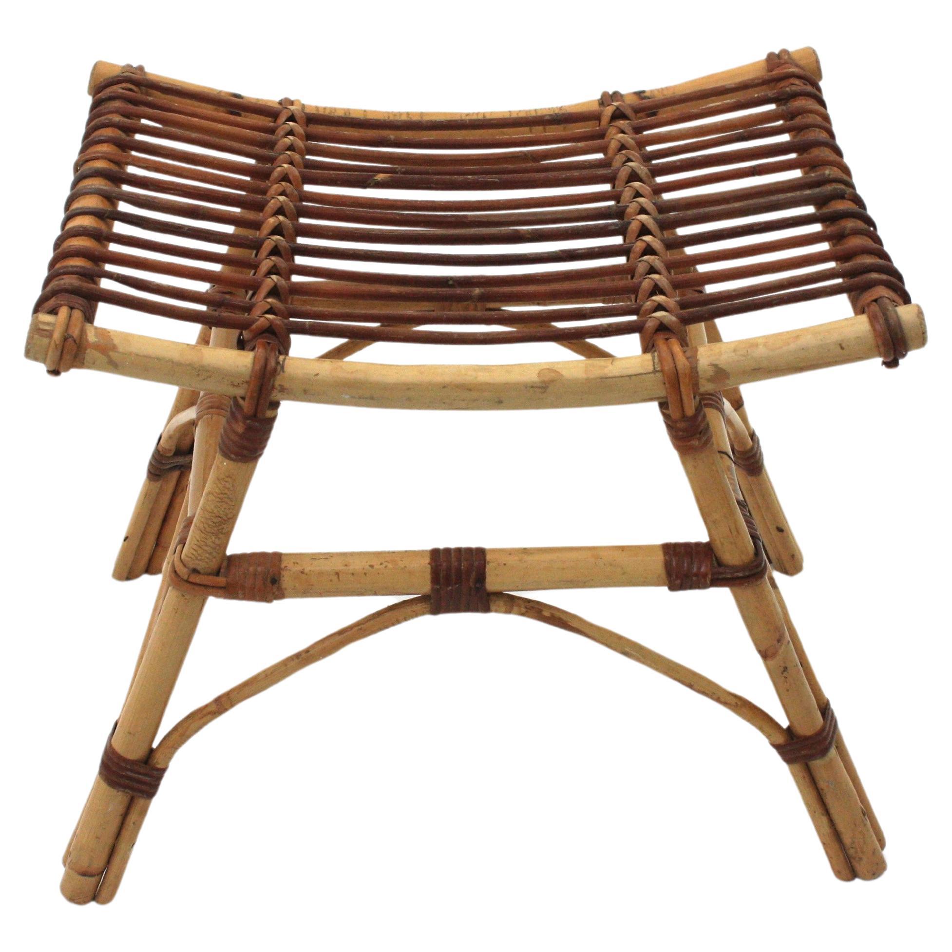 Spanish Bamboo Rattan Stool / Side Table