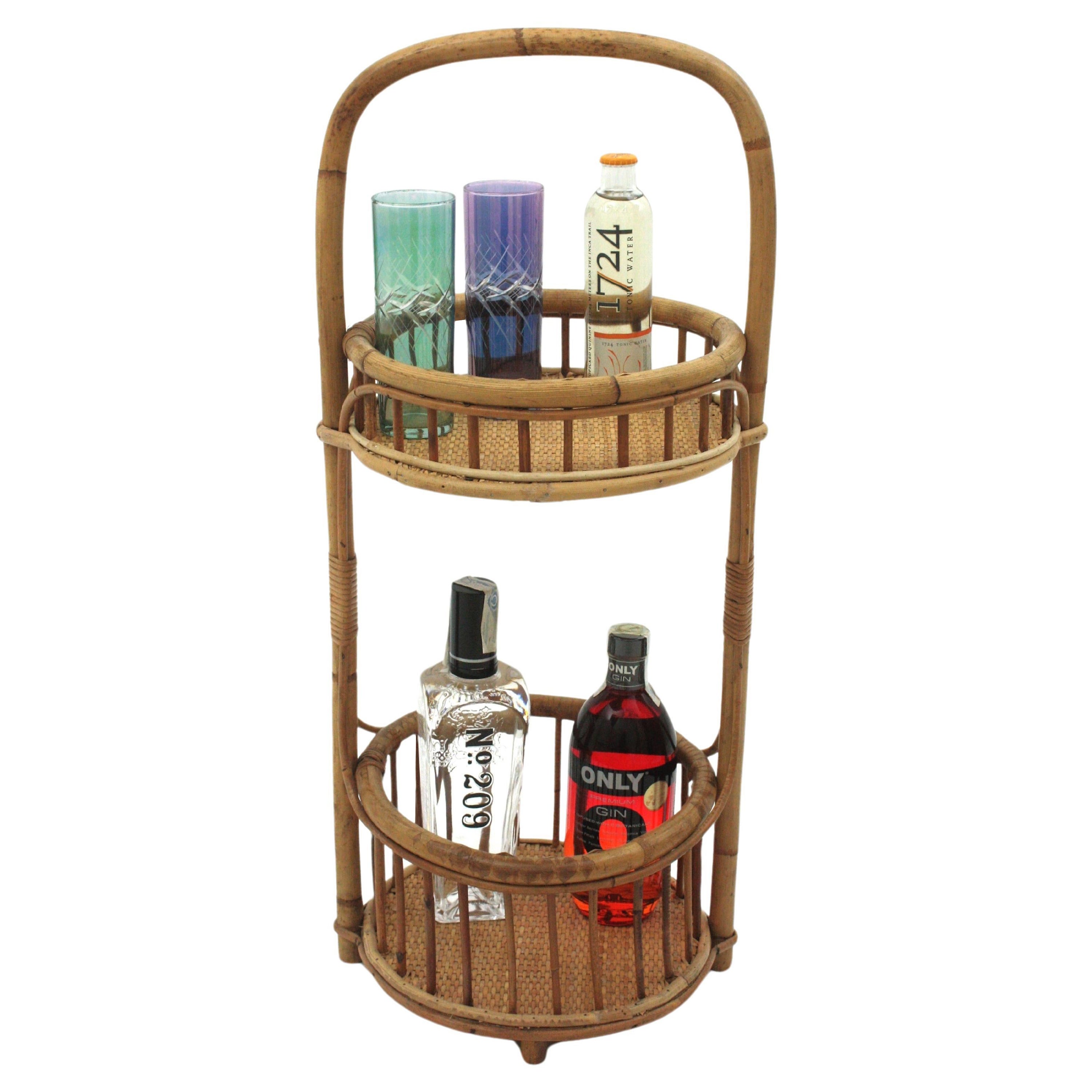 Spanish Bamboo Rattan & Woven Wicker Bar Cart or Dry Bar