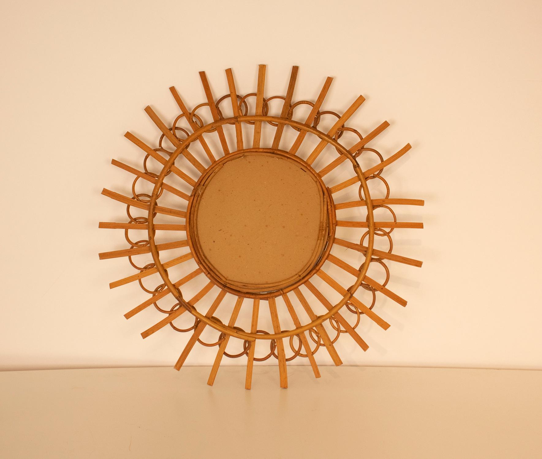 Mid-20th Century Spanish Bamboo Sunburst Shaped Wall Mirror, 1960s For Sale