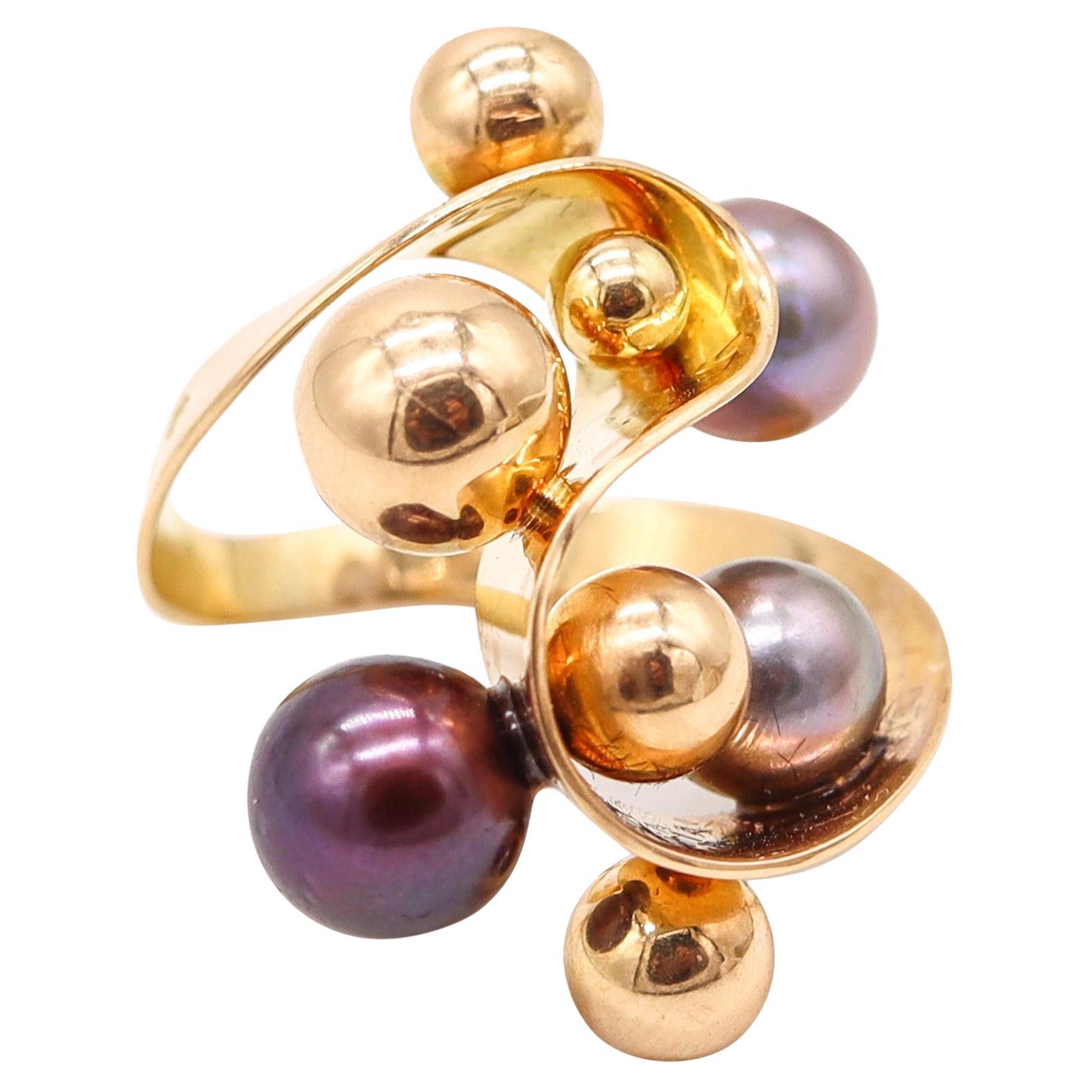 SPAGNOLO Barcellona 1970 Anello da cocktail modernista in oro giallo 18Kt con perle