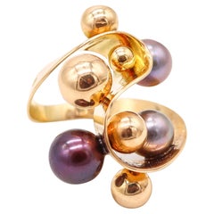 SPAGNOLO Barcellona 1970 Anello da cocktail modernista in oro giallo 18Kt con perle