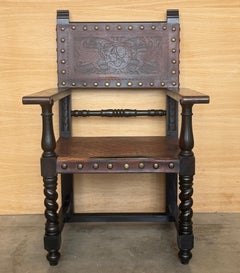 Spanish Barley Twist Armchair with Embossed Leather Back and Brass Nails