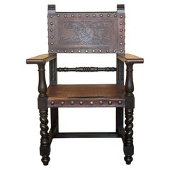 Spanish Barley Twist Armchair with Embossed Leather Back and Brass Nails