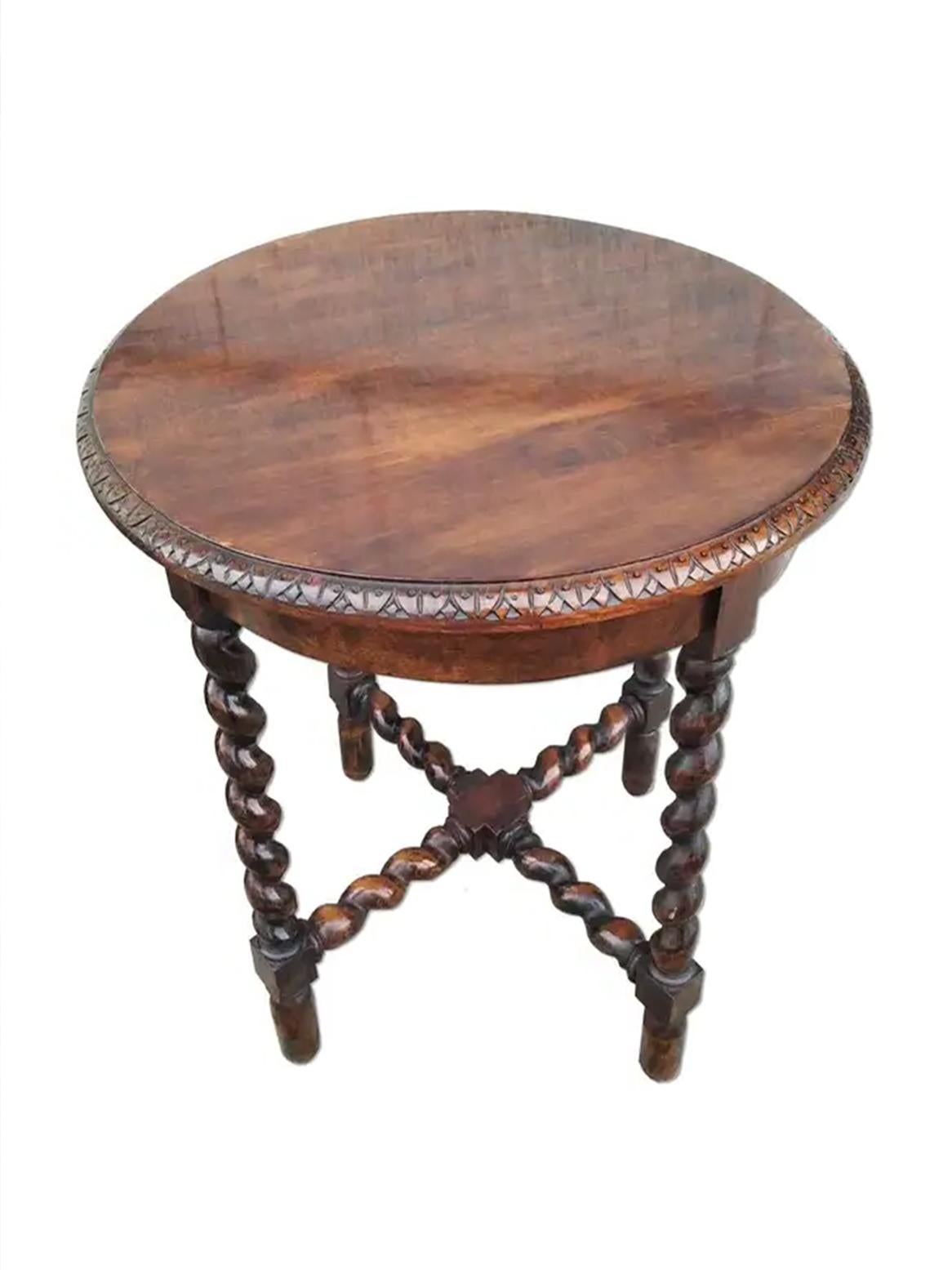 Renaissance Spanish  Barley Twist Legs  Oat Side Table Spain 19th Century