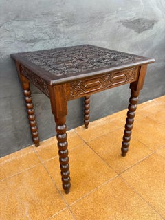 Spanish Barley Twist Side Table with Geometric Carved Top, 1930s