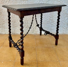 Spanish Barley Twist Side Table with Wrought Iron Stretchers, 1920s