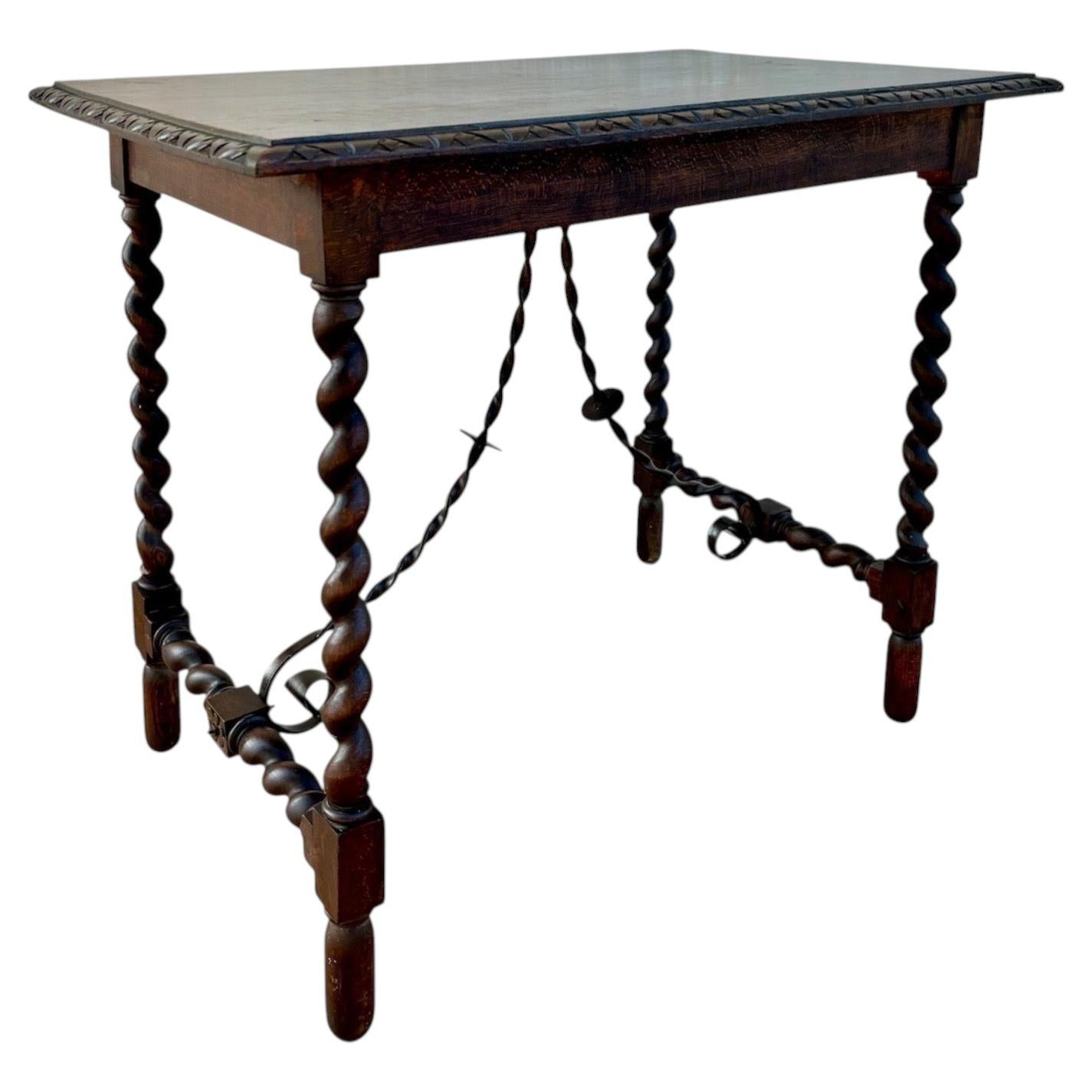 Spanish Barley Twist Side Table with Wrought Iron Stretchers, 1920s For Sale