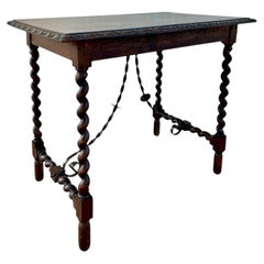 Spanish Barley Twist Side Table with Wrought Iron Stretchers, 1920s