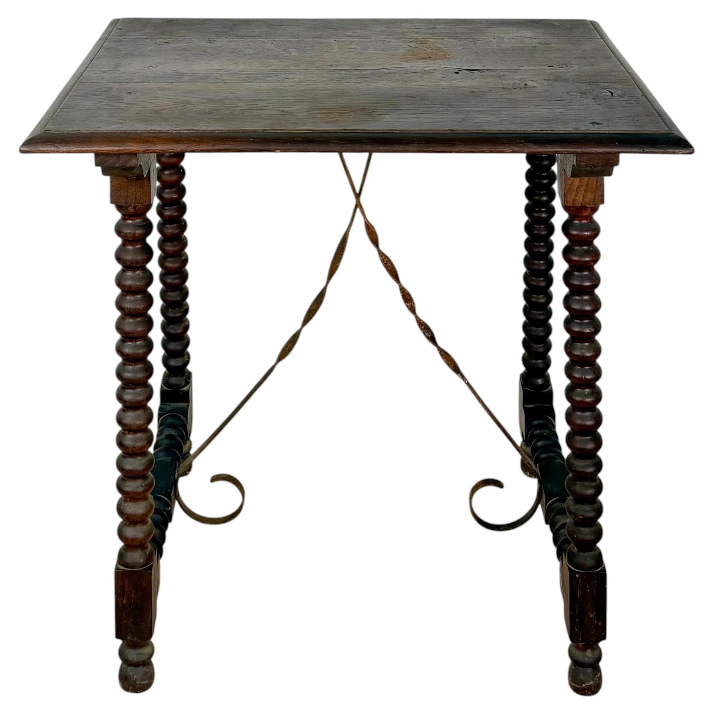 Spanish Barley Twist Side Table with Wrought Iron Stretchers, 1930s For Sale