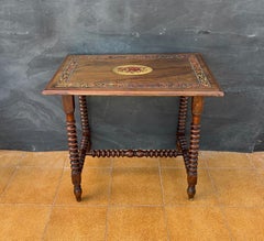 Spanish Barley Twist Table with Inlaid Marquetry Top, Early 20th Century