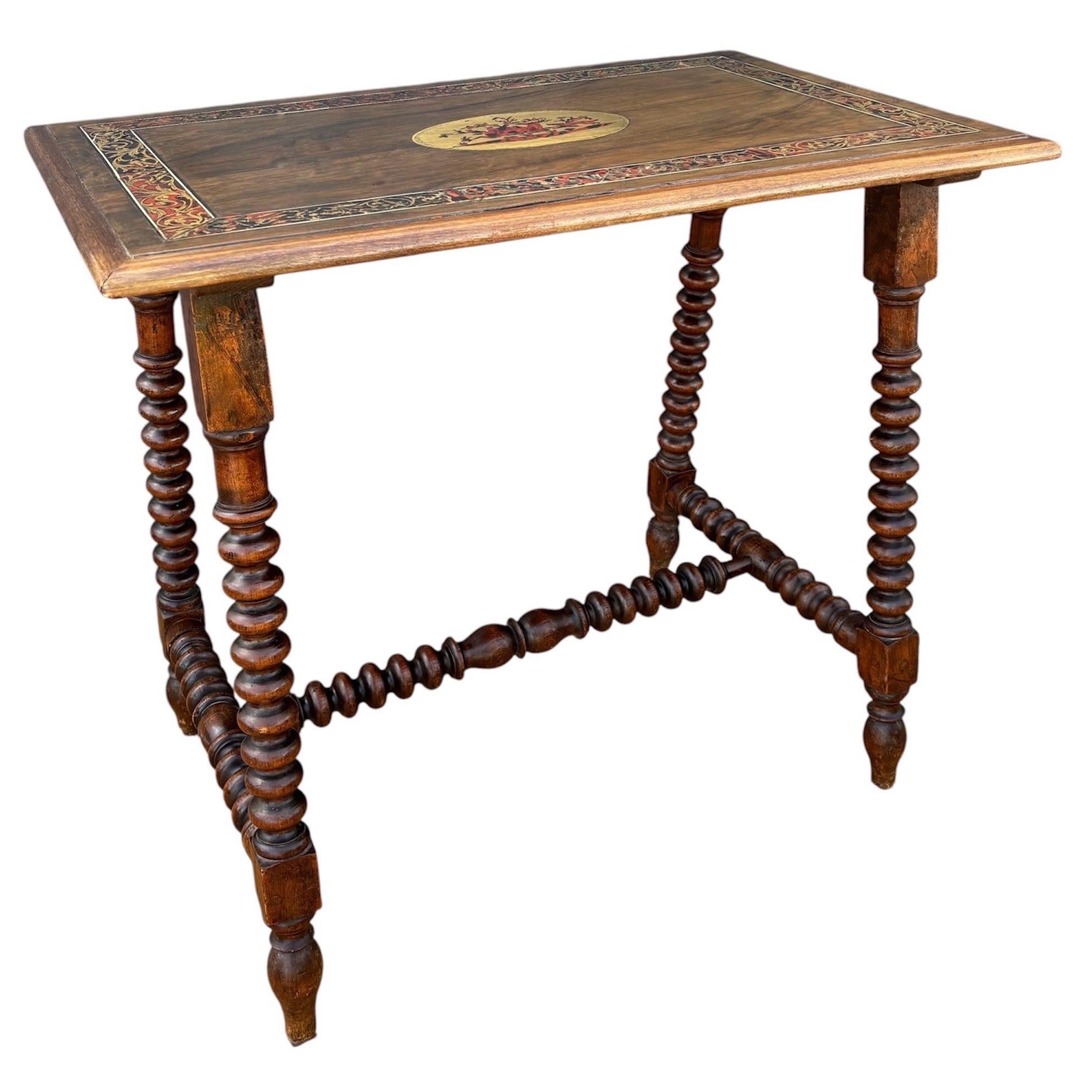 Spanish Barley Twist Table with Inlaid Marquetry Top, Early 20th Century For Sale