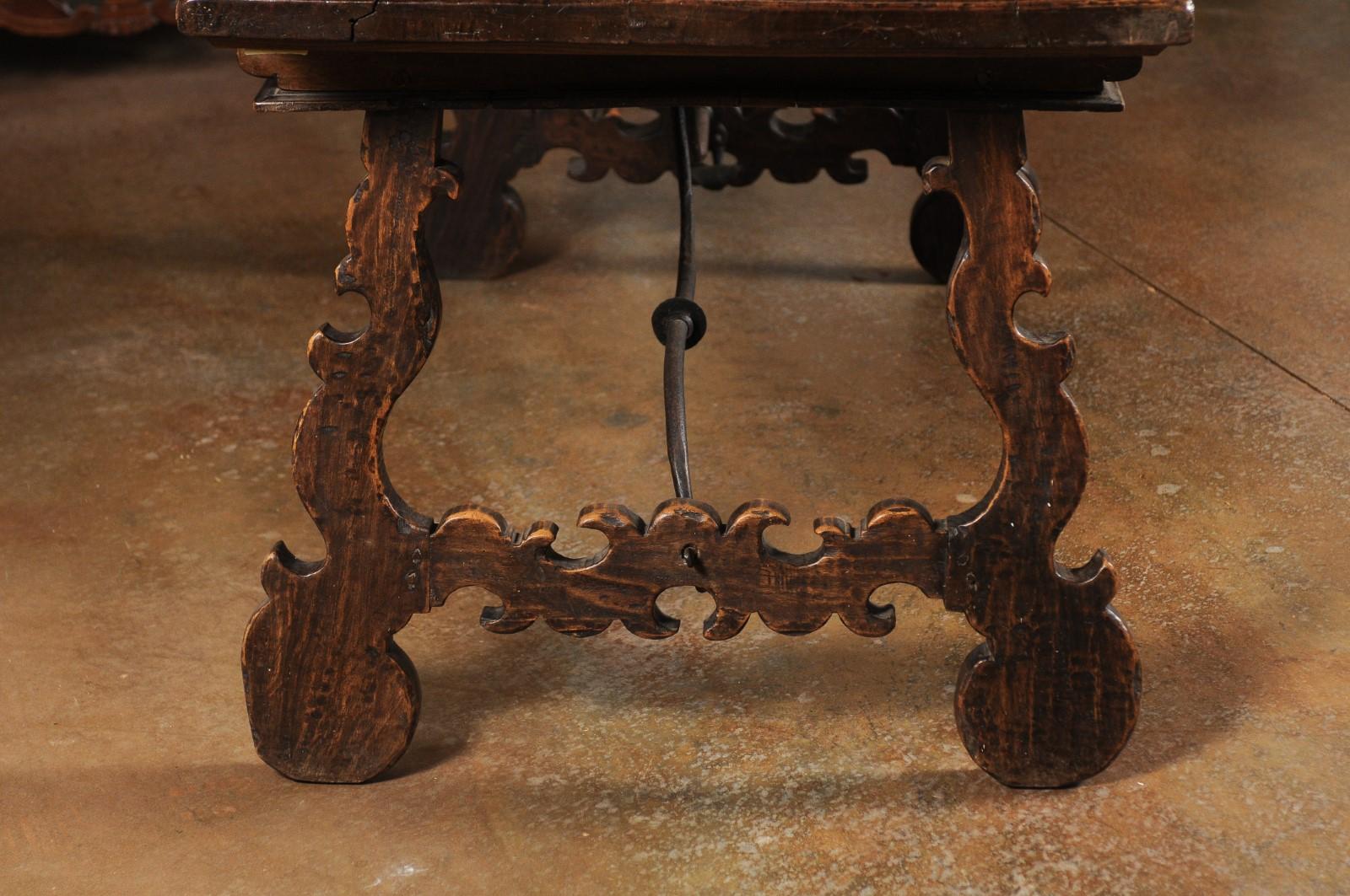 Carved Spanish Baroque 1750s Walnut Fratino Table with Drawers and Iron Stretchers