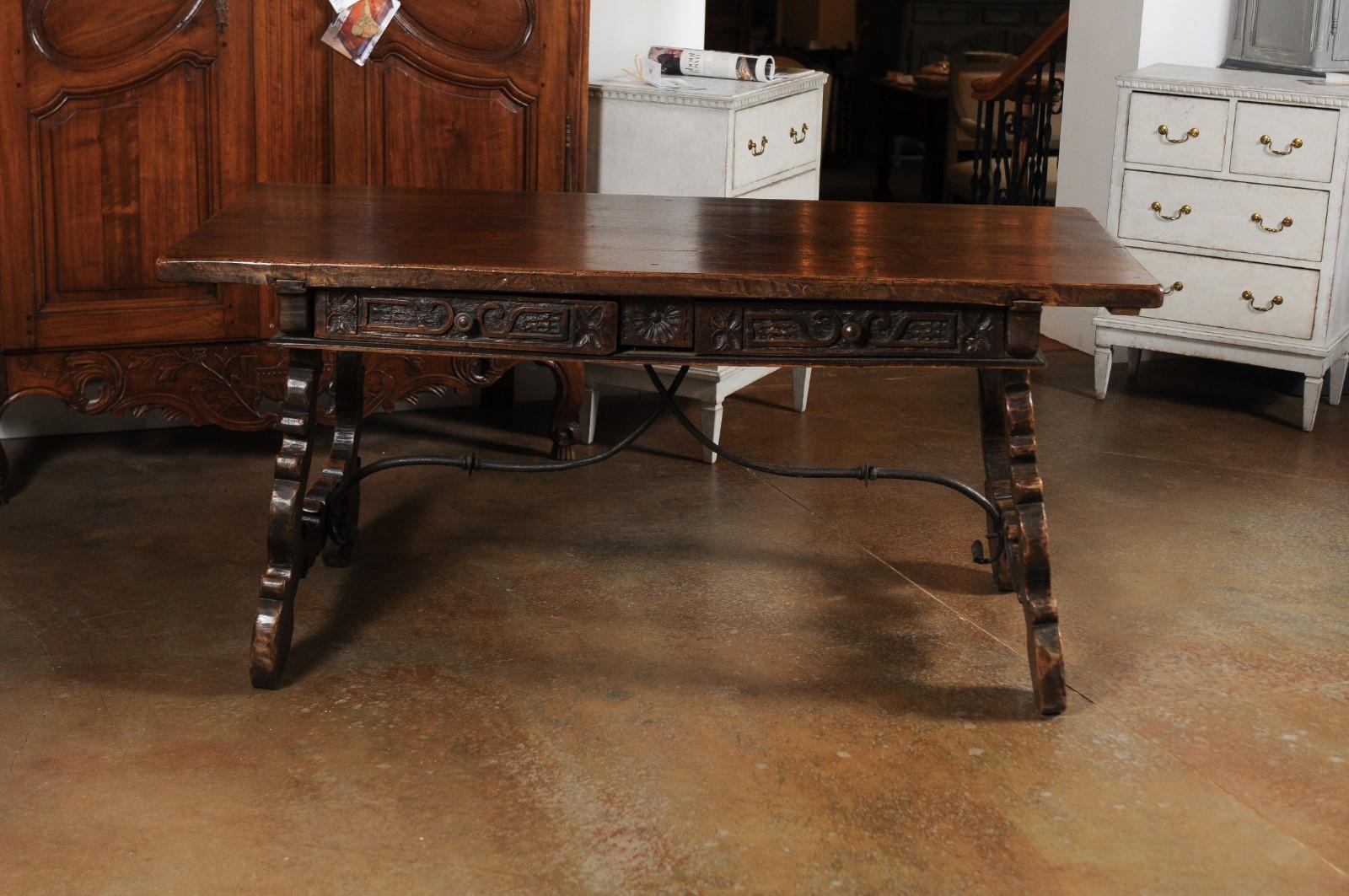 18th Century Spanish Baroque 1750s Walnut Fratino Table with Drawers and Iron Stretchers