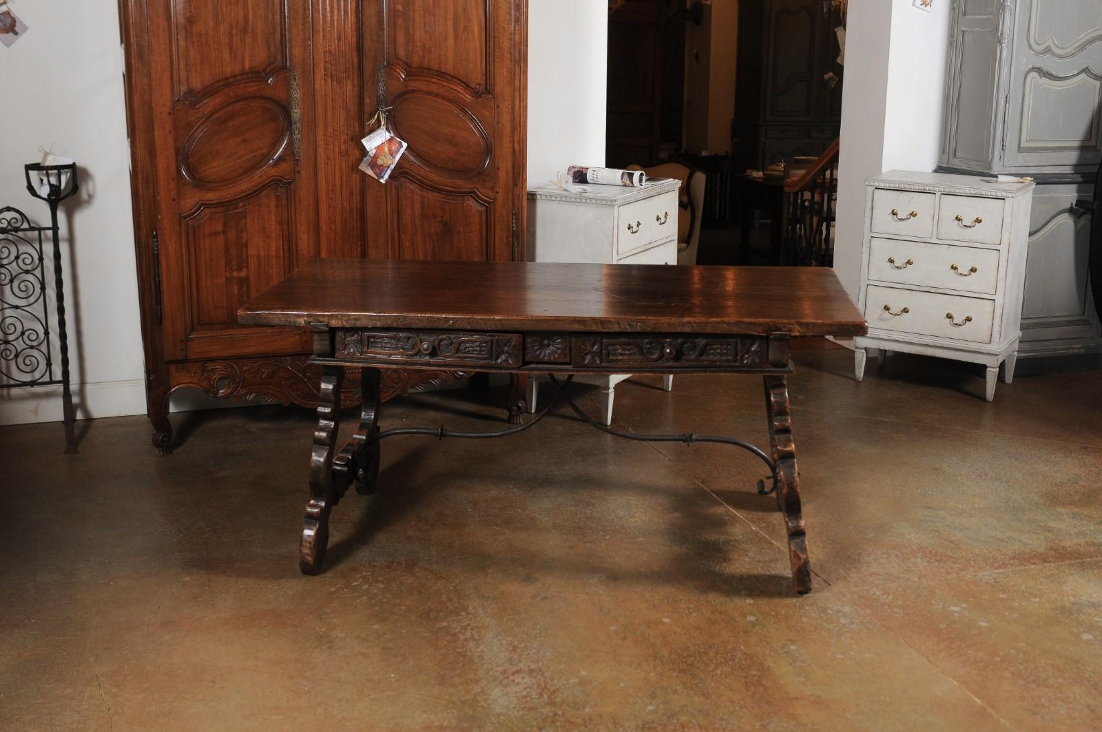 Wrought Iron Spanish Baroque 1750s Walnut Fratino Table with Drawers and Iron Stretchers