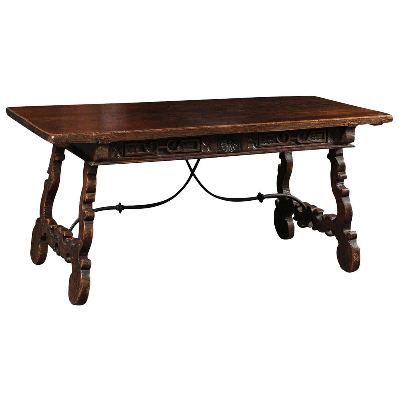 Spanish Baroque 1750s Walnut Fratino Table with Drawers and Iron Stretchers