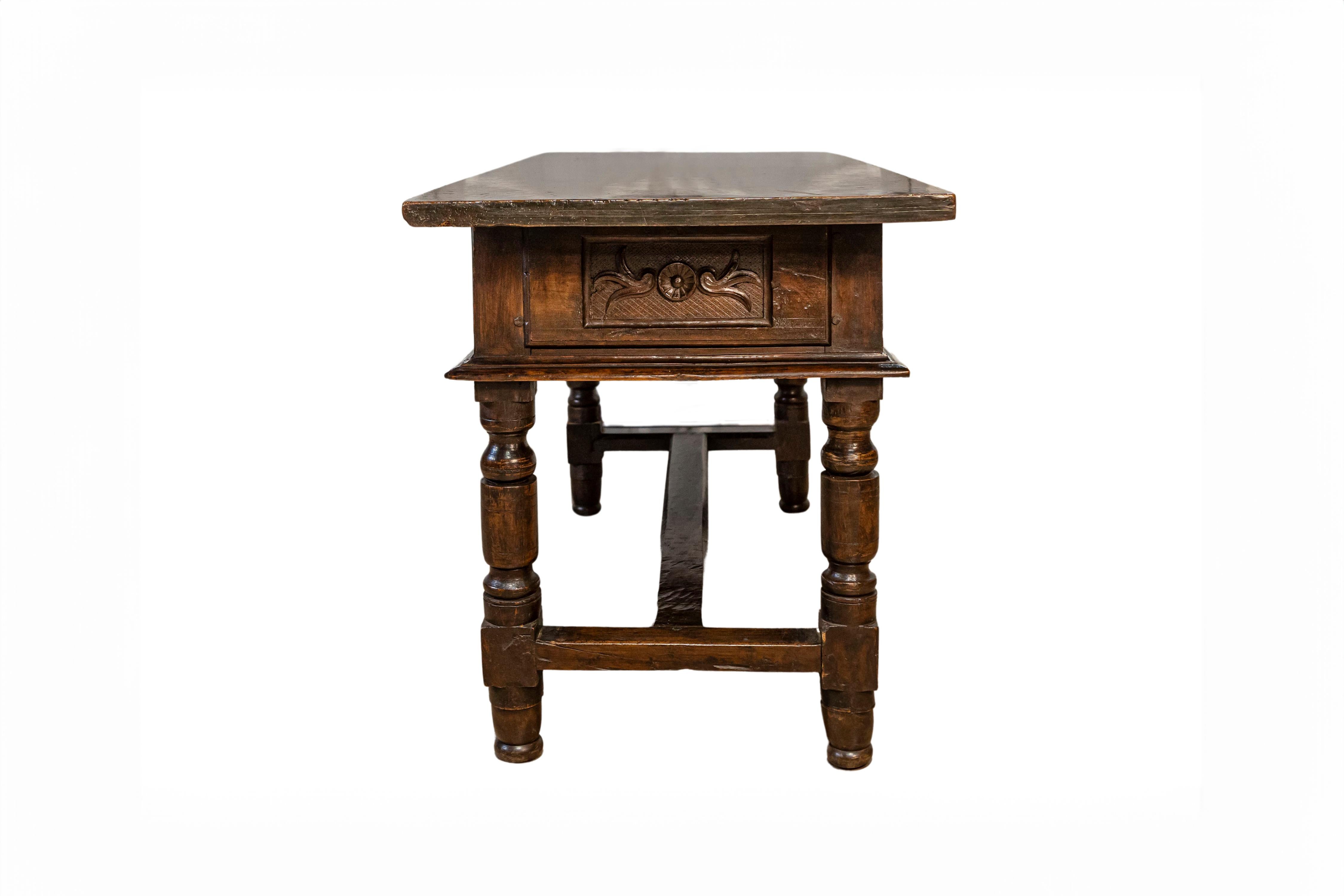 Spanish Baroque 17th Century Walnut Table with Carved Drawers and Turned Legs In Good Condition For Sale In Atlanta, GA