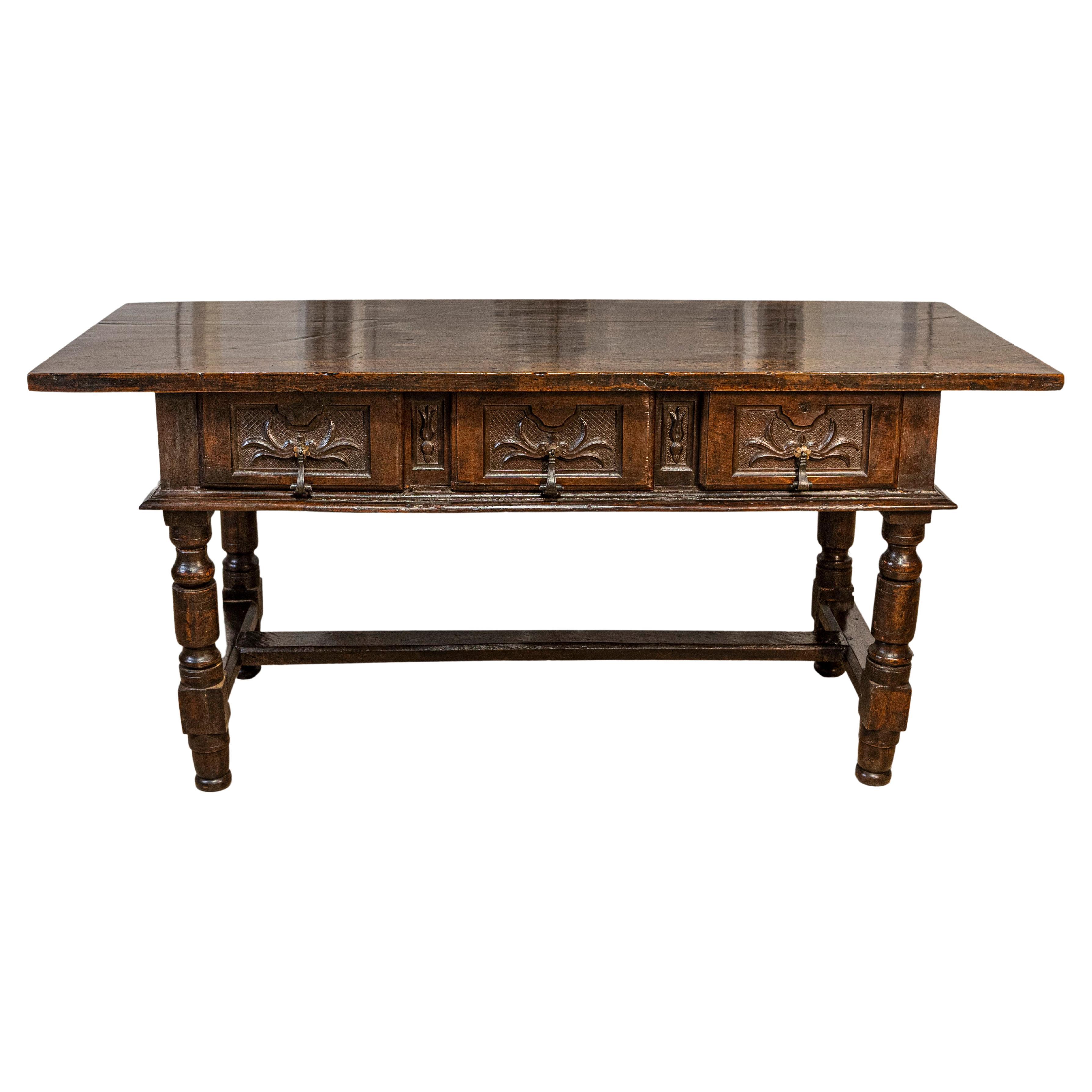 Spanish Baroque 17th Century Walnut Table with Carved Drawers and Turned Legs