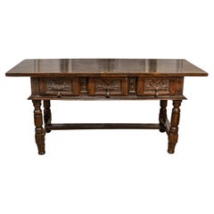 Antique Spanish Baroque 17th Century Walnut Table with Carved Drawers and Turned Legs