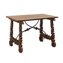 Spanish Baroque 18th Century Lyre Leg Wooden Trestle Table with Iron Stretcher