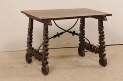 Spanish Baroque 18th Century Lyre Leg Wooden Trestle Table with Iron Stretcher