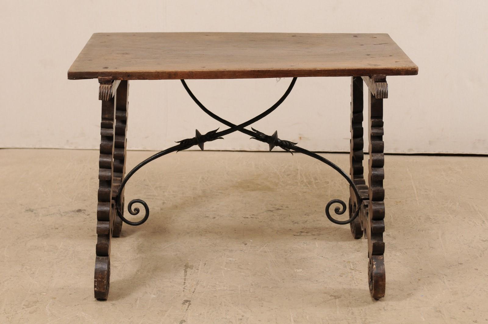 Carved Spanish Baroque 18th Century Lyre Leg Wooden Trestle Table with Iron Stretcher For Sale