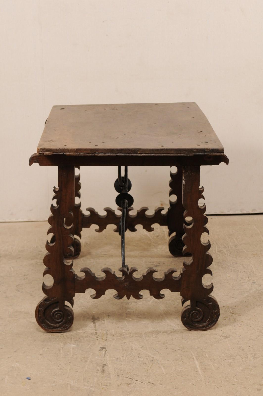 Spanish Baroque 18th Century Lyre Leg Wooden Trestle Table with Iron Stretcher For Sale 2