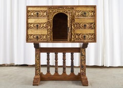 Spanish Baroque Bargueno Style Gilt Cabinet Chest on Stand