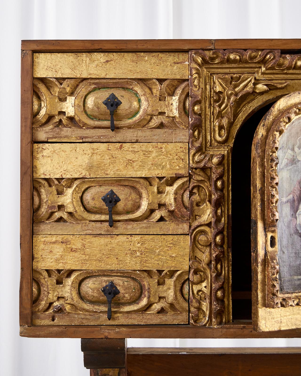 Spanish Baroque Bargueno Style Gilt Cabinet Chest on Stand For Sale 3