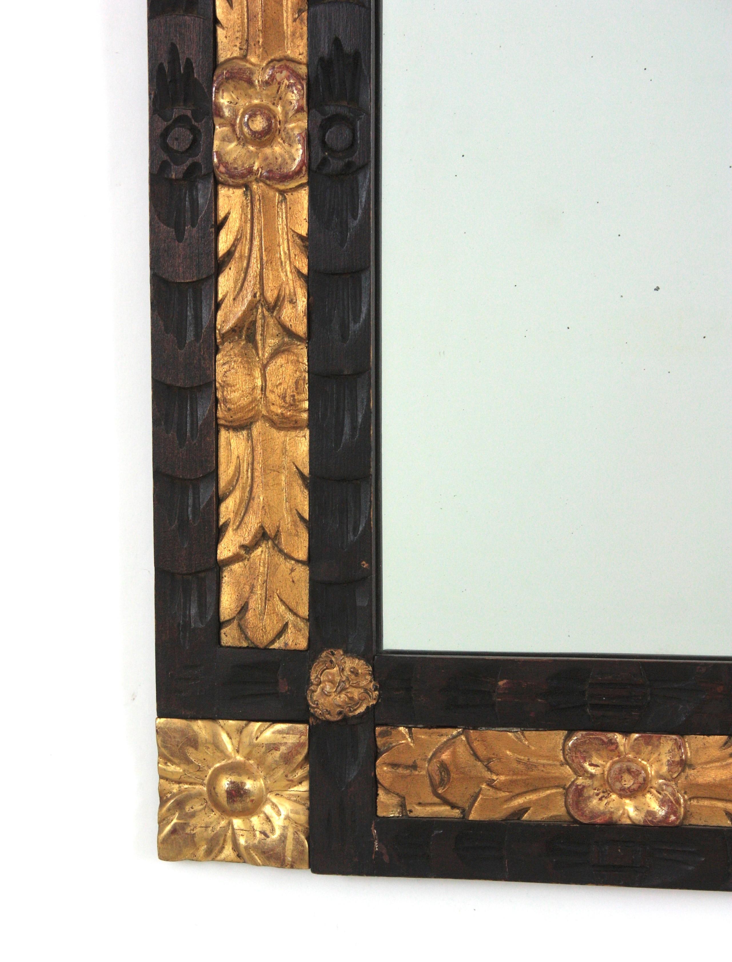 Spanischer Barock Schwarz und Giltwood geschnitzt Rechteckiger Spiegel, 1940er Jahre im Angebot 1