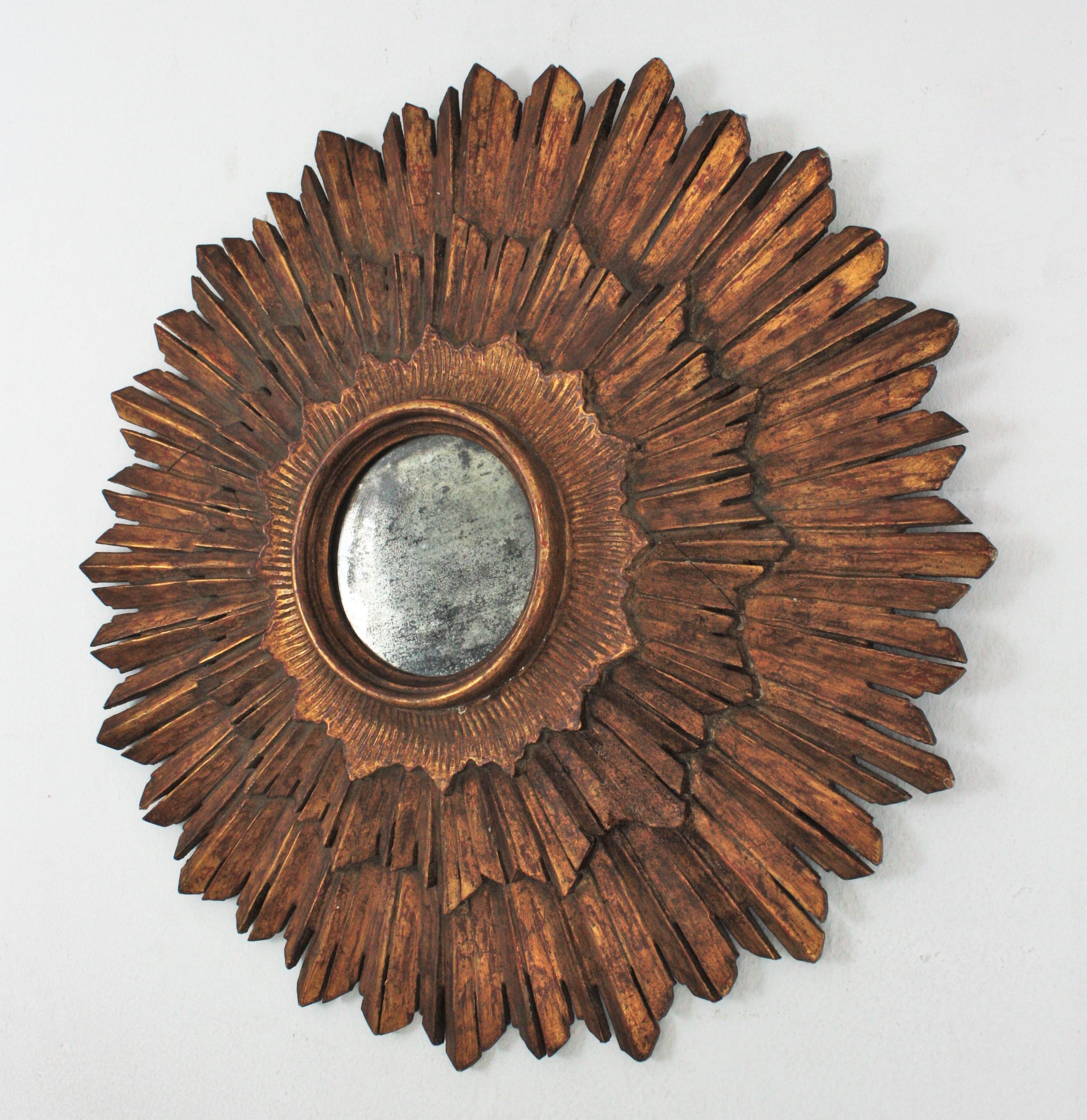 Miroir espagnol Sunburst en bois doré, style baroque en vente 2