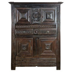 Spanish Baroque Carved Oak Cupboard Cabinet, Geometric Panels, 1700s