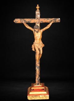 Spanish Baroque Carved Polychrome Crucifix, 17th-18th Century