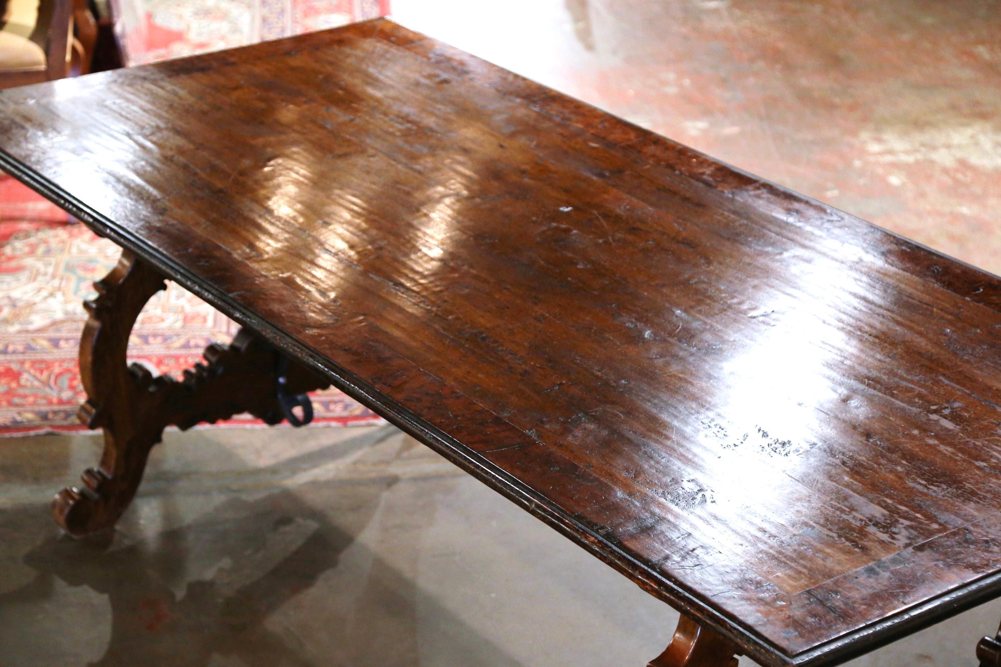 Hand-Carved Spanish Baroque Carved Walnut and Burl Dining Trestle Table with Iron Stretcher