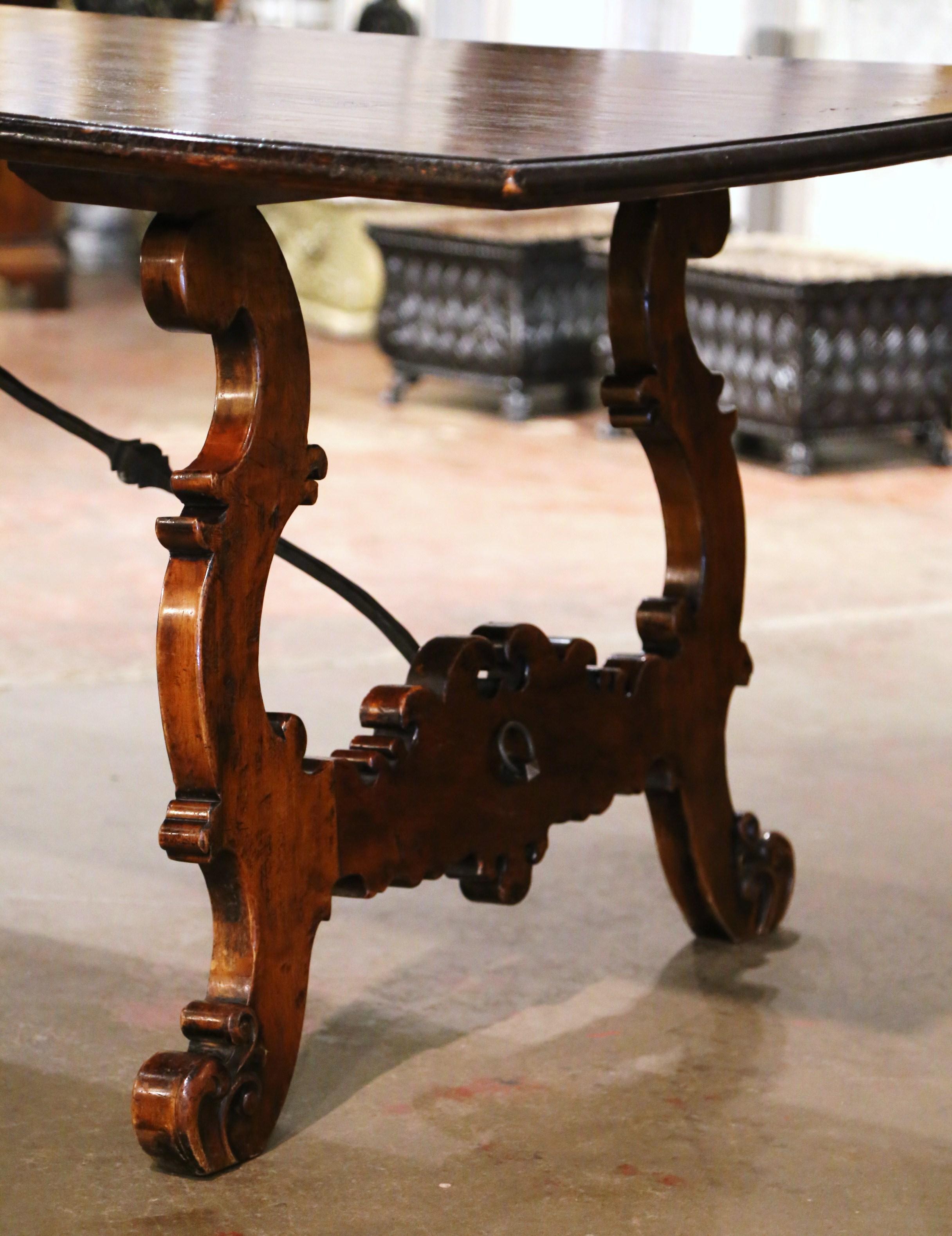Wrought Iron Spanish Baroque Carved Walnut and Burl Dining Trestle Table with Iron Stretcher
