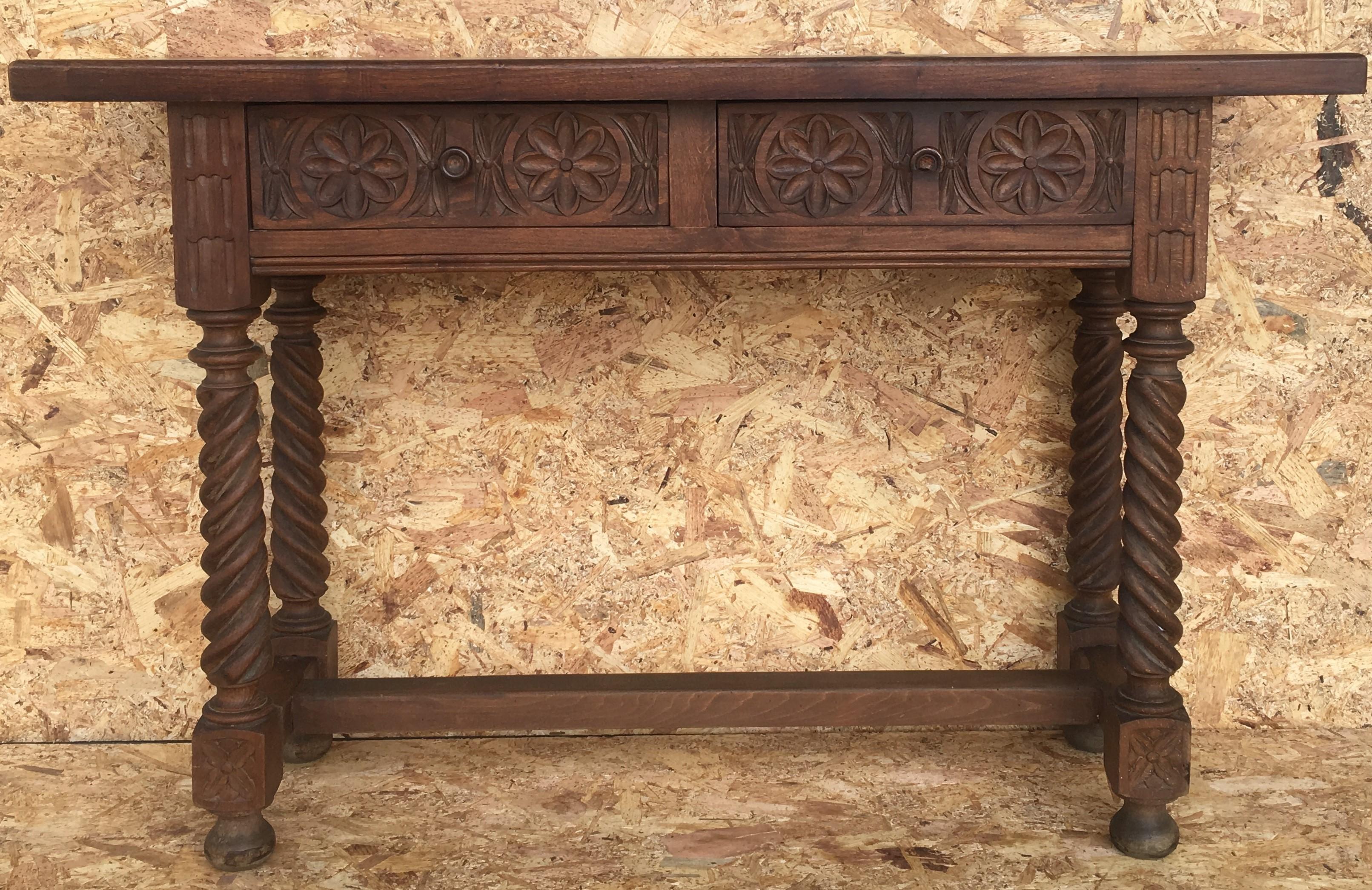 Spanish Baroque Carved Walnut Console Table with Two Drawers, circa 1860 9