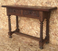Spanish Baroque Carved Walnut Console Table with Two Drawers, circa 1860