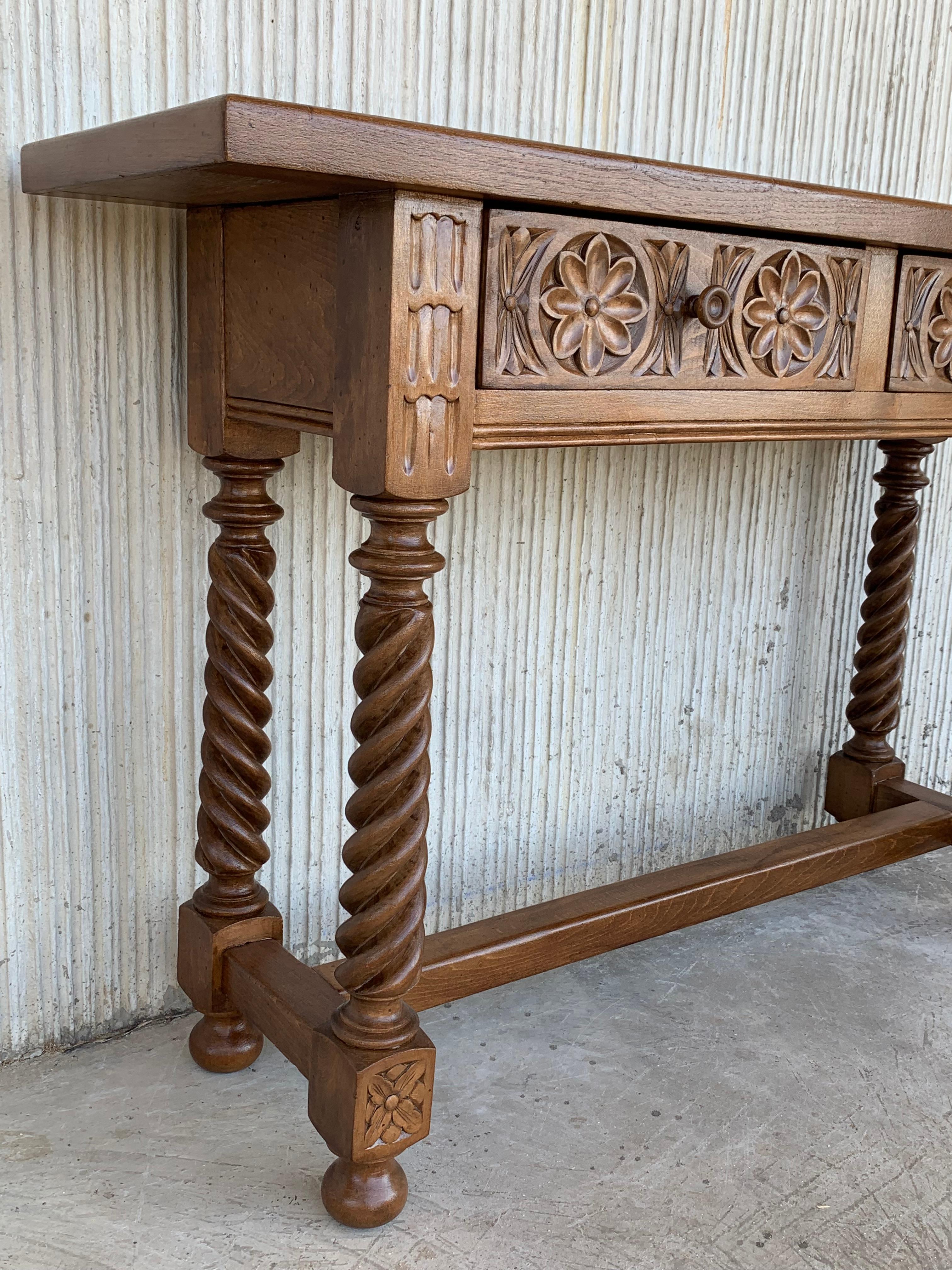 19th Century Spanish Baroque Carved Walnut Console Table with Two Drawers, circa 1860