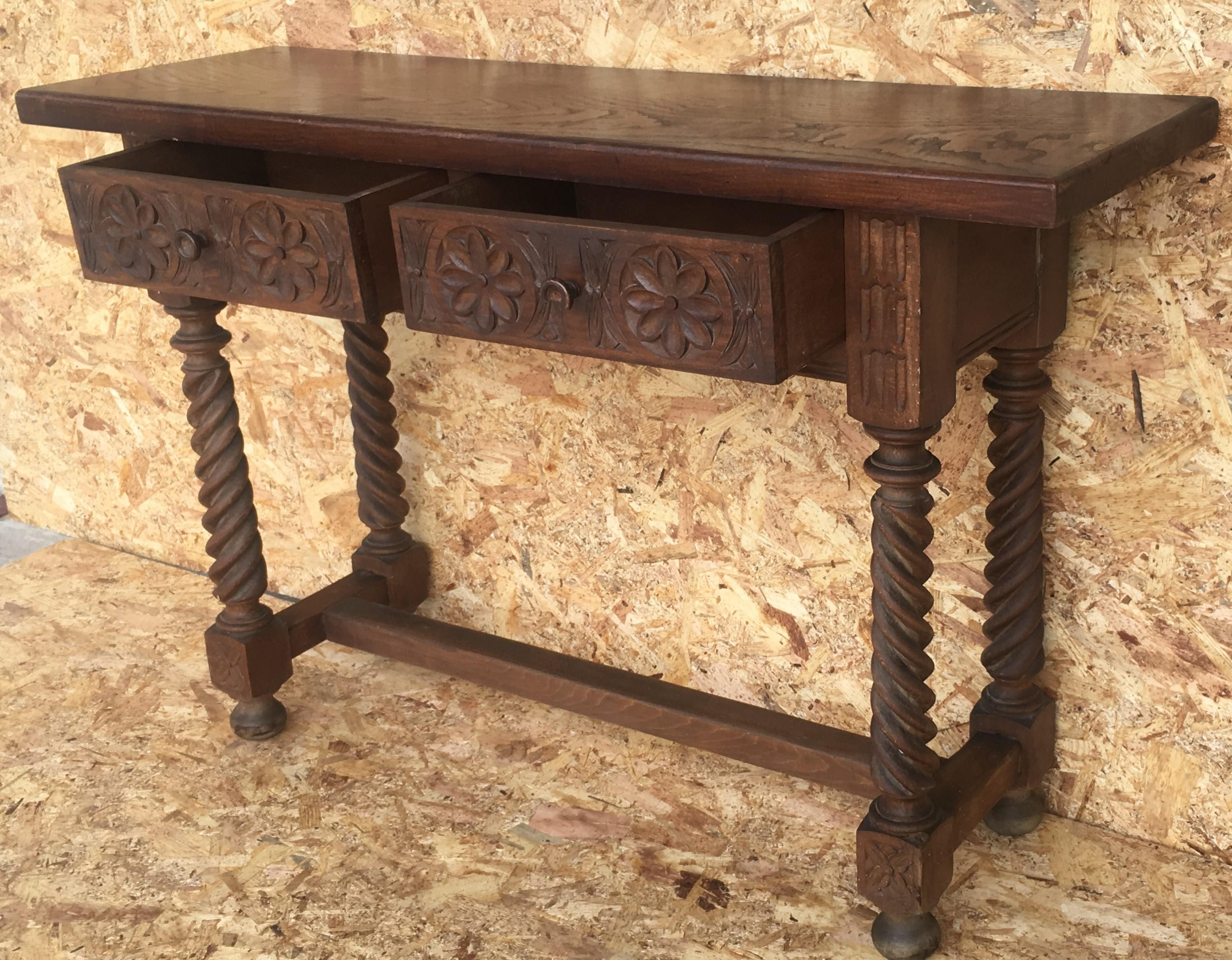 Spanish Baroque Carved Walnut Console Table with Two Drawers, circa 1860 2