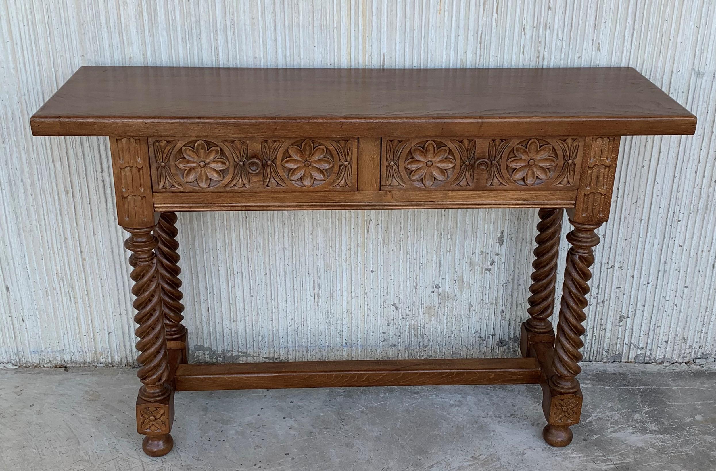 Spanish Baroque Carved Walnut Console Table with Two Drawers, circa 1860 2