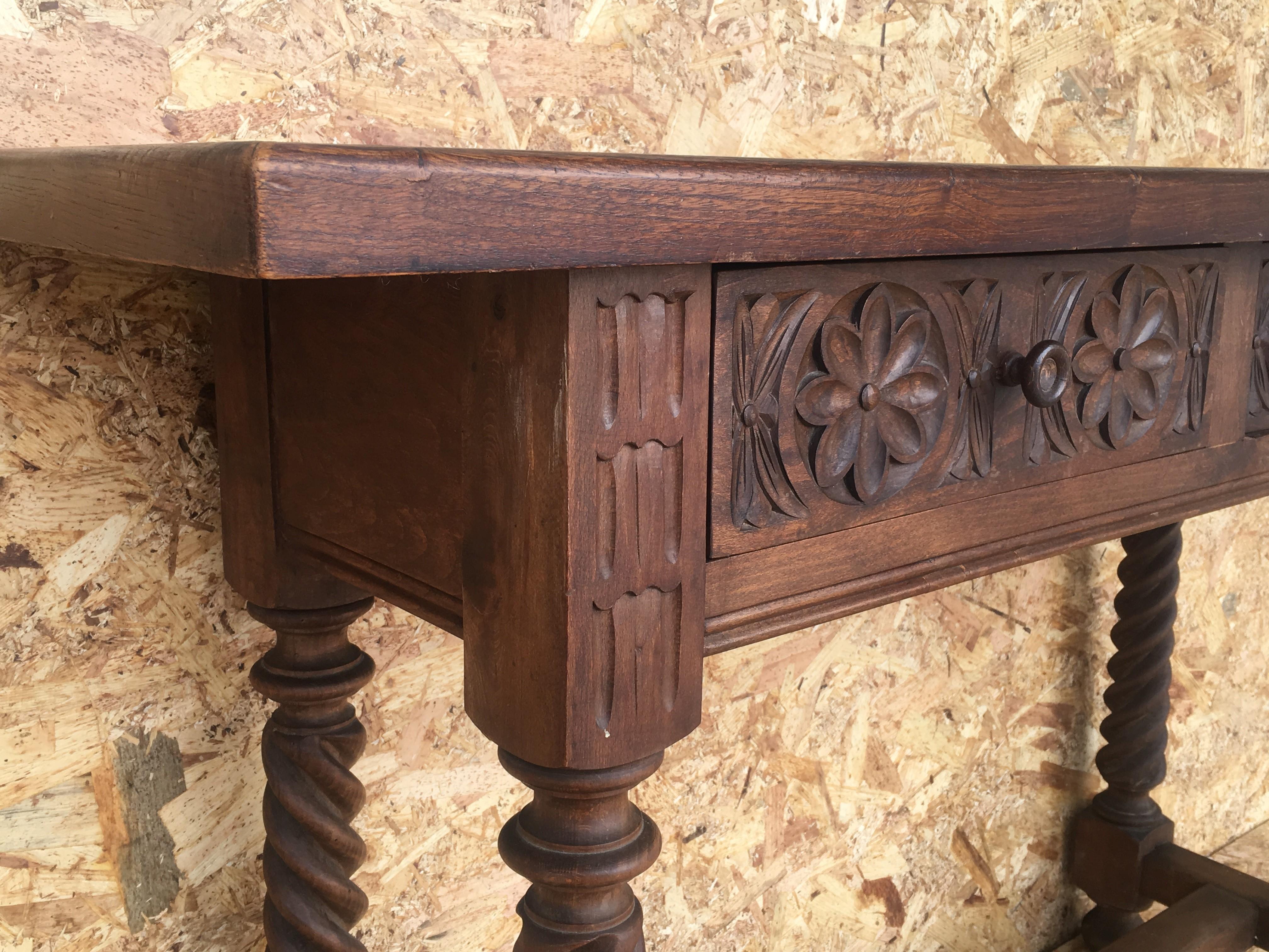 Spanish Baroque Carved Walnut Console Table with Two Drawers, circa 1860 4