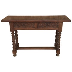 Spanish Baroque Carved Walnut Console Table with Two Drawers, circa 1860