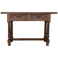 Antique Spanish Baroque Carved Walnut Console Table with Two Drawers, circa 1860