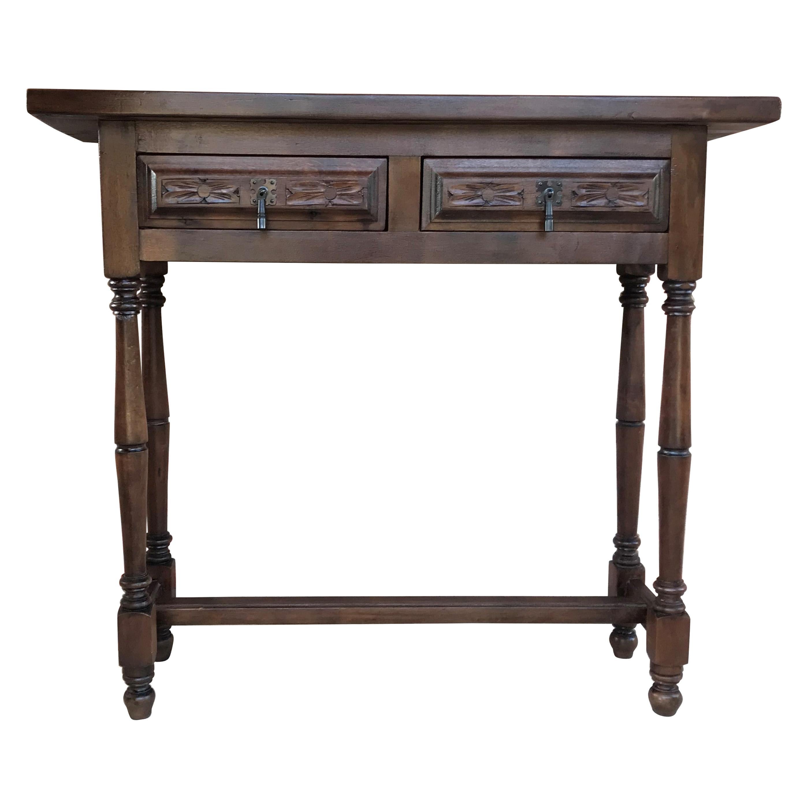 Spanish Baroque Carved Walnut Console Table with Two Drawers, circa 1890