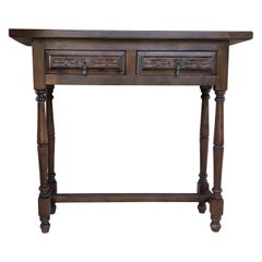 Antique Spanish Baroque Carved Walnut Console Table with Two Drawers, circa 1890