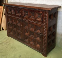 Spanish Baroque Carved Walnut Tuscan Two Drawers Two-Door Credenza or Buffet