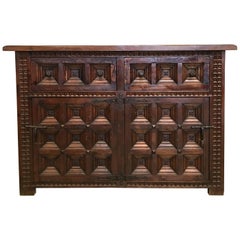 Spanish Baroque Carved Walnut Tuscan Two Drawers Two-Door Credenza or Buffet