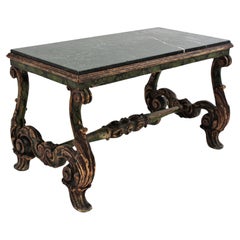 Spanish Baroque Carved Wood Coffee Table with Green Marble Top