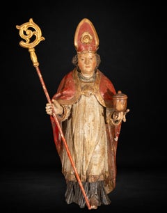 Spanish Baroque Carved Wood Saint Bishop, Traditionally Saint Rupert, 18th C.