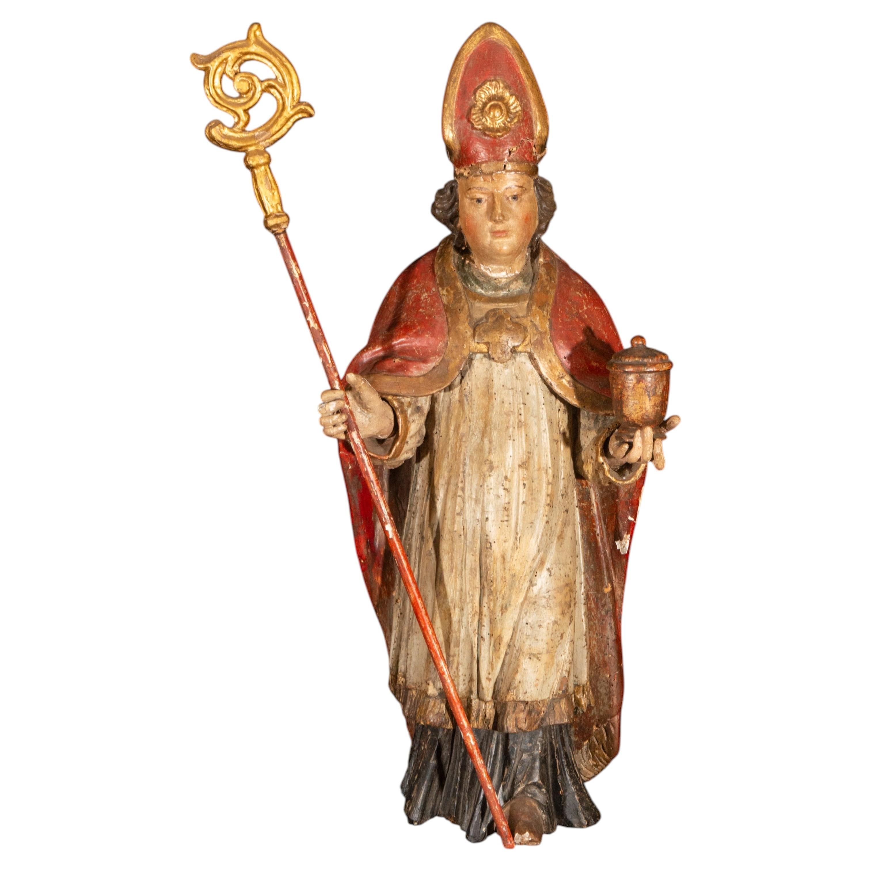Spanish Baroque Carved Wood Saint Bishop, Traditionally Saint Rupert, 18th C.